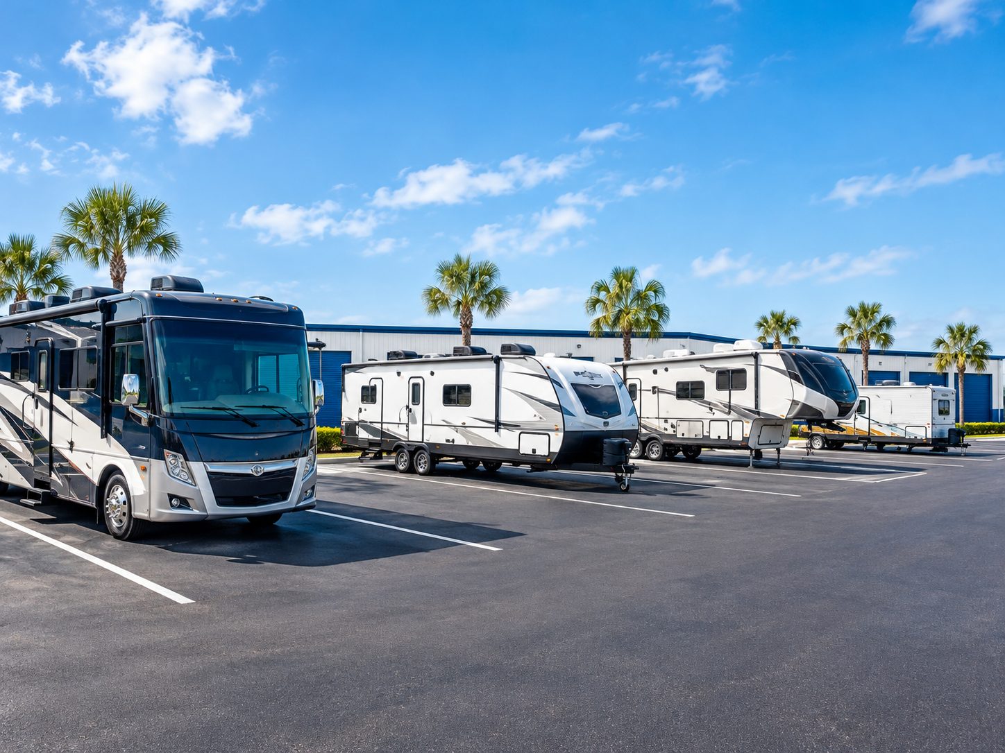 Motorhome and travel trailers parked in an open storage lot
